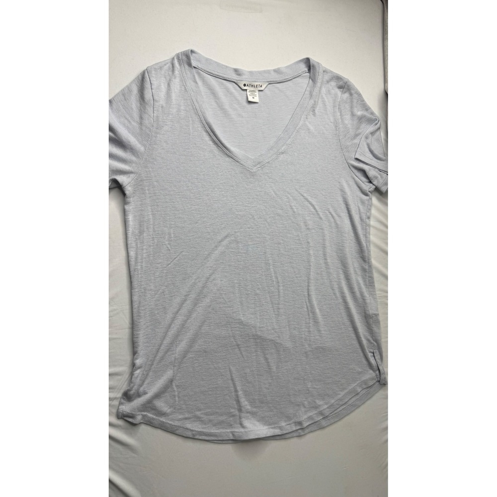 Athleta Womens V-Neck Short Sleeve Slub Knit Tee Light Blue Heather Medium